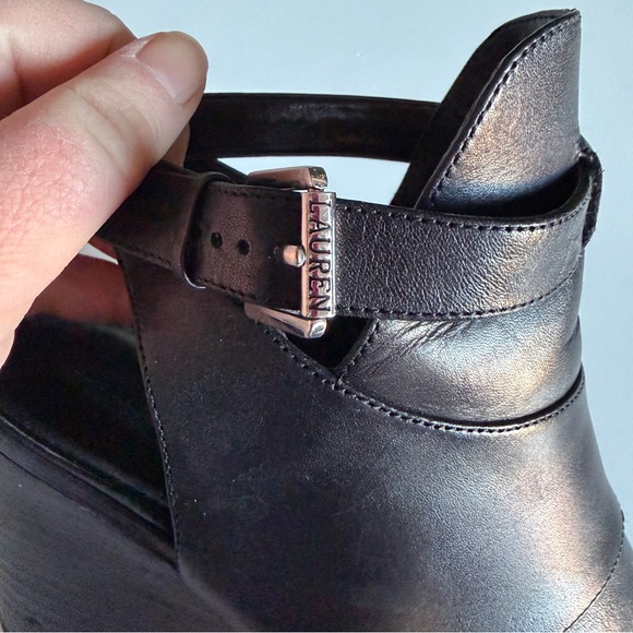 Lauren Ralph Lauren Leather Peep Toe Ankle Strap Wedge Bootie Abelle - Picture 9 of 10